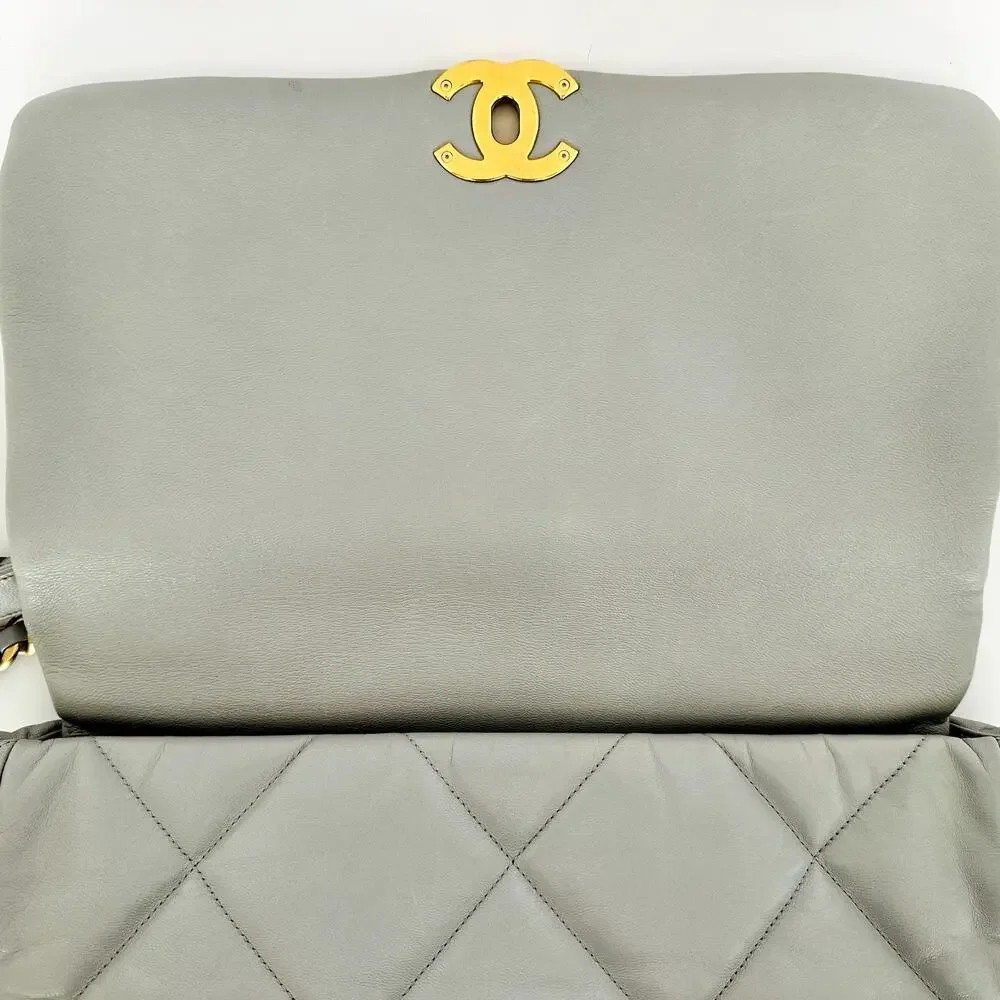 Chanel 19 Goatskin Quilted Medium Flap Purse Grey Tri-Color Chain Full Set & Box
